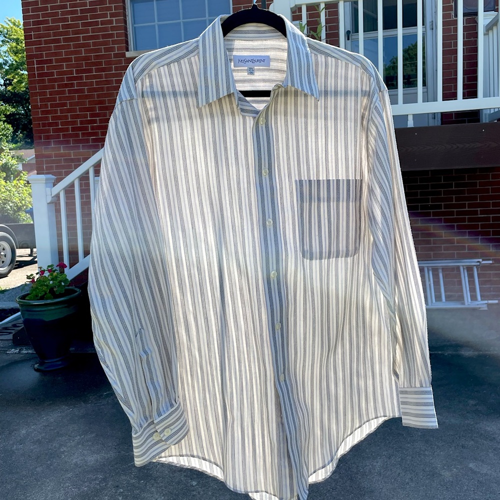 Yves Saint Laurent Striped Button Down, Blue/Gray on Cream - M (15 1/2, 32-33)